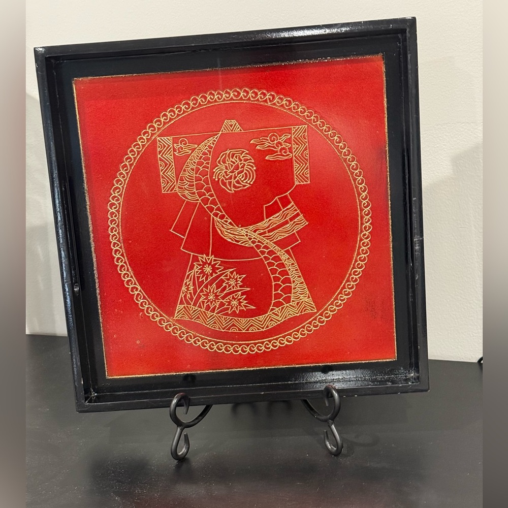 Red/Black/Gold Functional Art Decor - Serving tray w/ Kimono Design and stand